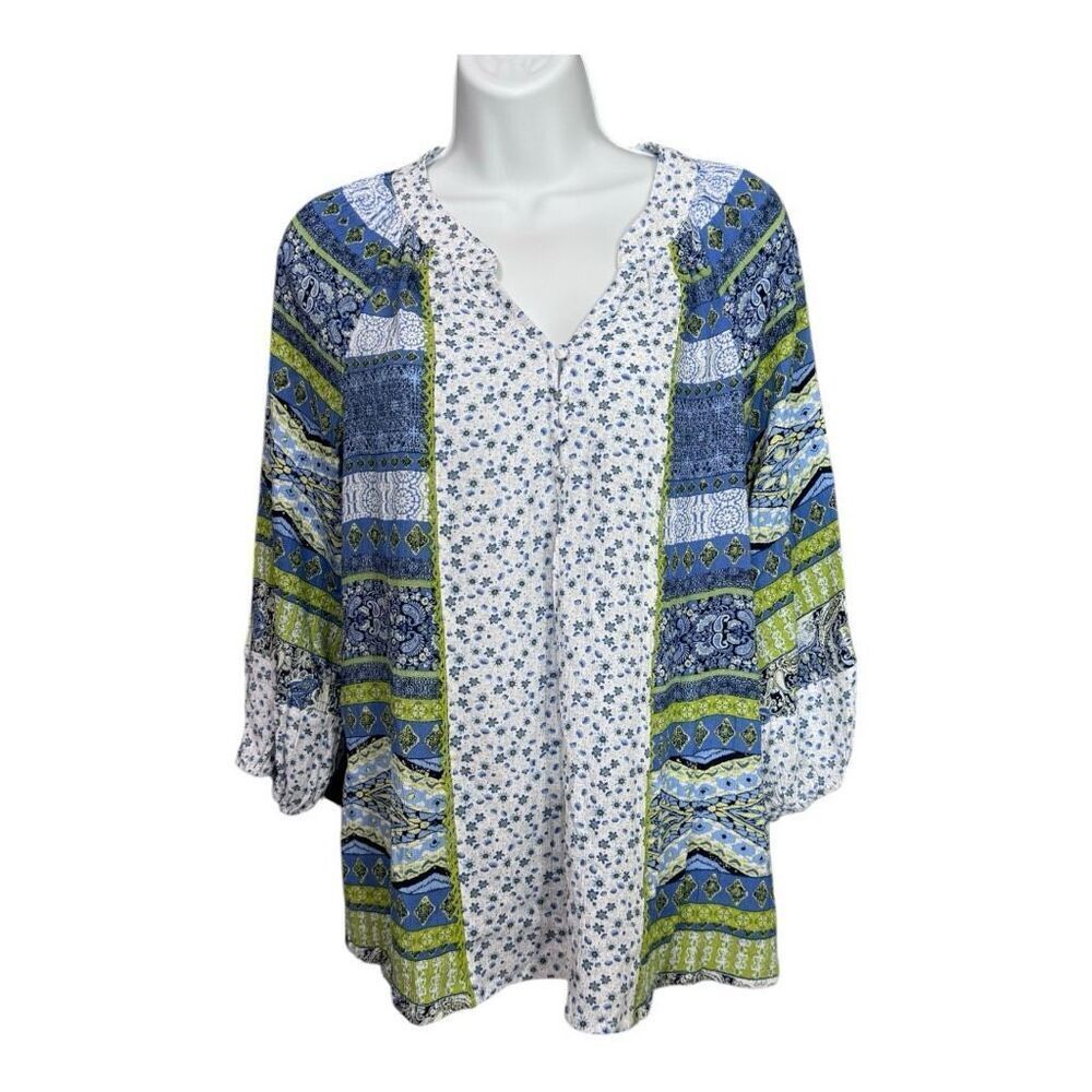 Farmers Market by Oneworld Long Sleeve Peasant Blouse Blue Regal Stripe Size XS